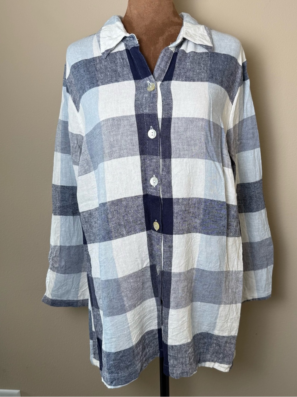 Soft Surroundings Carreaux Linen Blend Tunic Shirt Top Large White Blue Plaid